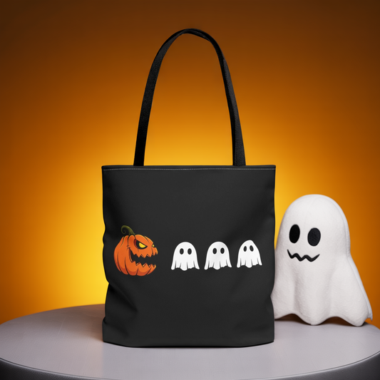 Halloween pumpkin ghost tote bag, spooky trick or treat canvas bag, ghost pumpkin design reusable tote, spooky season gift tote