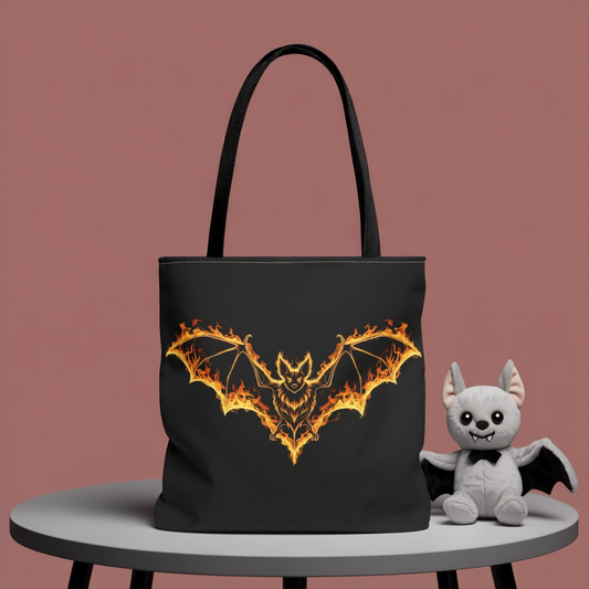 Flaming Bat Tote Bag, Gothic Halloween Canvas Tote, Fiery Wing Bat Design Tote, Spooky Season Accessory, Gothic Gift Tote