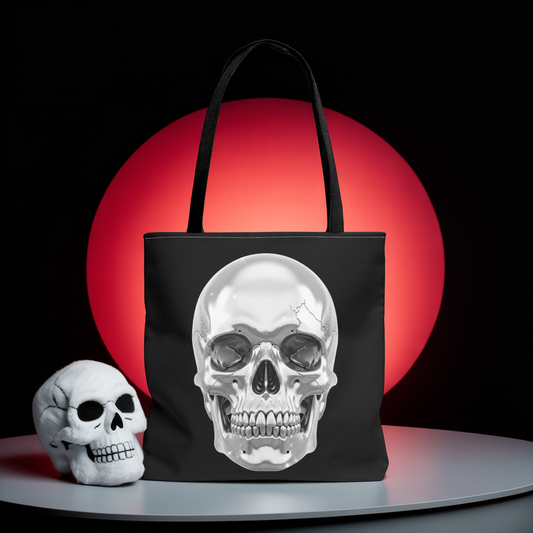 Chrome Skull Tote Bag, Gothic Halloween Canvas Tote, Metallic Skull Design Bag, Spooky Season Accessory, Skull Gift Tote For Horror Fans