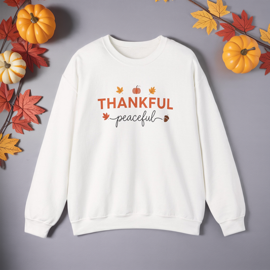 Thankful Peaceful Sweatshirt, Minimalist Fall Crewneck, Autumn Pumpkin Sweater, Thanksgiving Pullover, Cozy Seasonal Gratitude Gift