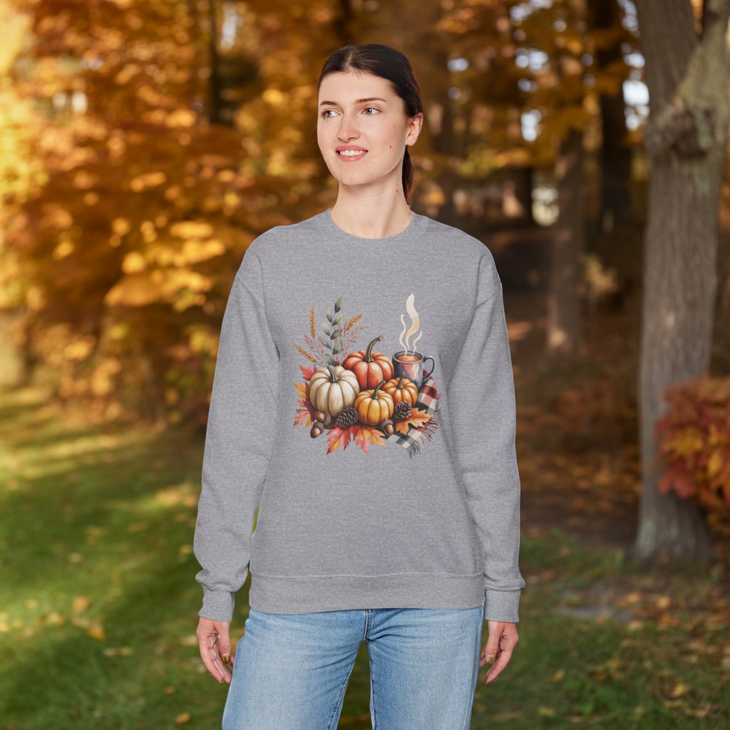 Fall Pumpkin Sweatshirt, Cozy Autumn Crewneck, Thanksgiving Sweater With Pumpkins And Coffee, Fall Leaves Pullover, Seasonal Gift