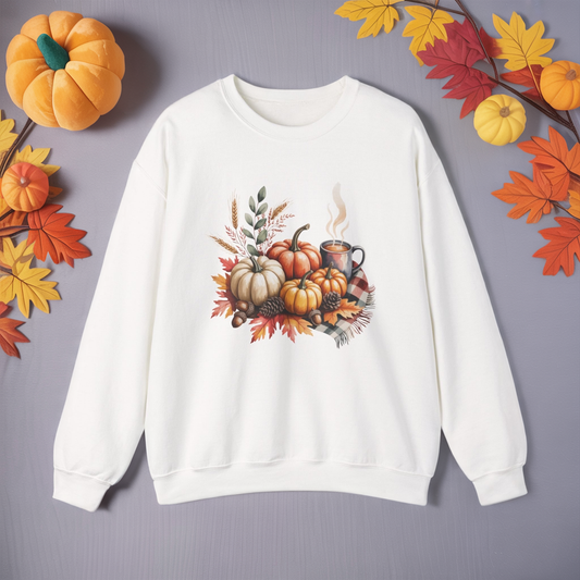 Fall Pumpkin Sweatshirt, Cozy Autumn Crewneck, Thanksgiving Sweater With Pumpkins And Coffee, Fall Leaves Pullover, Seasonal Gift