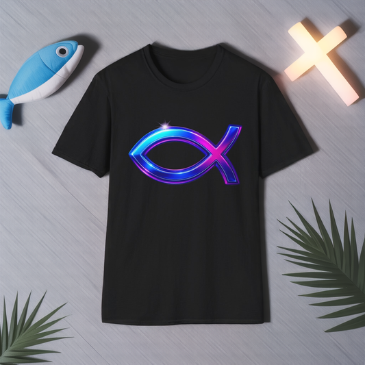 Neon Christian Fish T-Shirt, Modern Faith Tee, Ichthys Jesus Shirt, Spiritual Gift For Men And Women, Glow Cross Symbol Graphic Tee