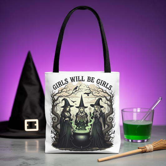 Girls Will Be Girls Halloween Tote Bag, Witchy Aesthetic Bag, Gothic Witches Cauldron Art, Spooky Gift, Reusable Eco Tote For Halloween Lovers