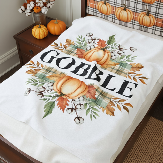 Gobble Fall Blanket, Thanksgiving Throw Blanket With Pumpkins And Leaves, Cozy Autumn Decor, Soft Fleece Blanket Gift For Family Gatherings