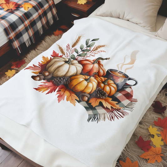 Pumpkin Plaid Fall Blanket, Cozy Autumn Throw Blanket With Pumpkins And Coffee Mug, Thanksgiving Decor, Soft Fleece Blanket Gift For Home