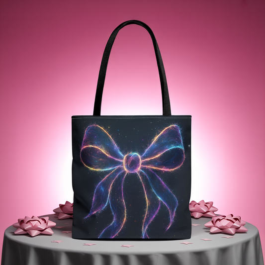 Galaxy Glow Bow Tote Bag, Cosmic Neon Ribbon Design, Black Space Art Bag, Celestial Gift For Her, Stylish Reusable Everyday Tote