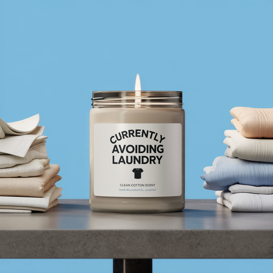 Currently Avoiding Laundry Candle, Clean Cotton Scented Soy Candle, Funny Home Decor Gift, Fresh Scent For Laundry Room Or Self-Care Moments