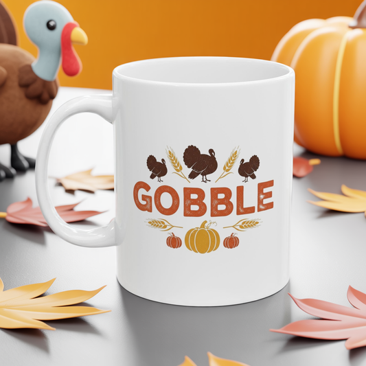 Gobble Thanksgiving Mug, Fall Turkey Coffee Cup With Pumpkins And Harvest Design, Festive Autumn Ceramic Mug For Holiday Decor And Gifts