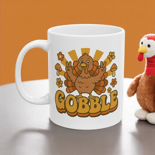Retro Gobble Thanksgiving Mug, Cute Turkey Coffee Cup With 70s Fall Design, Funny Autumn Ceramic Mug For Holiday Decor And Festive Gifts