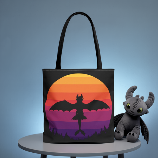 Sunset Dragon Flight Tote Bag, Reusable Eco-Friendly Shoulder Bag With Silhouette Design, Aesthetic Black Tote For Everyday Use And Gifts