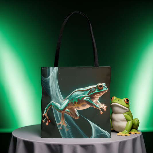 Frog in Motion Tote Bag, Nature-Inspired Green Frog Design Eco-Friendly Shoulder Bag, Artistic Reusable Tote For Everyday Use And Gifts