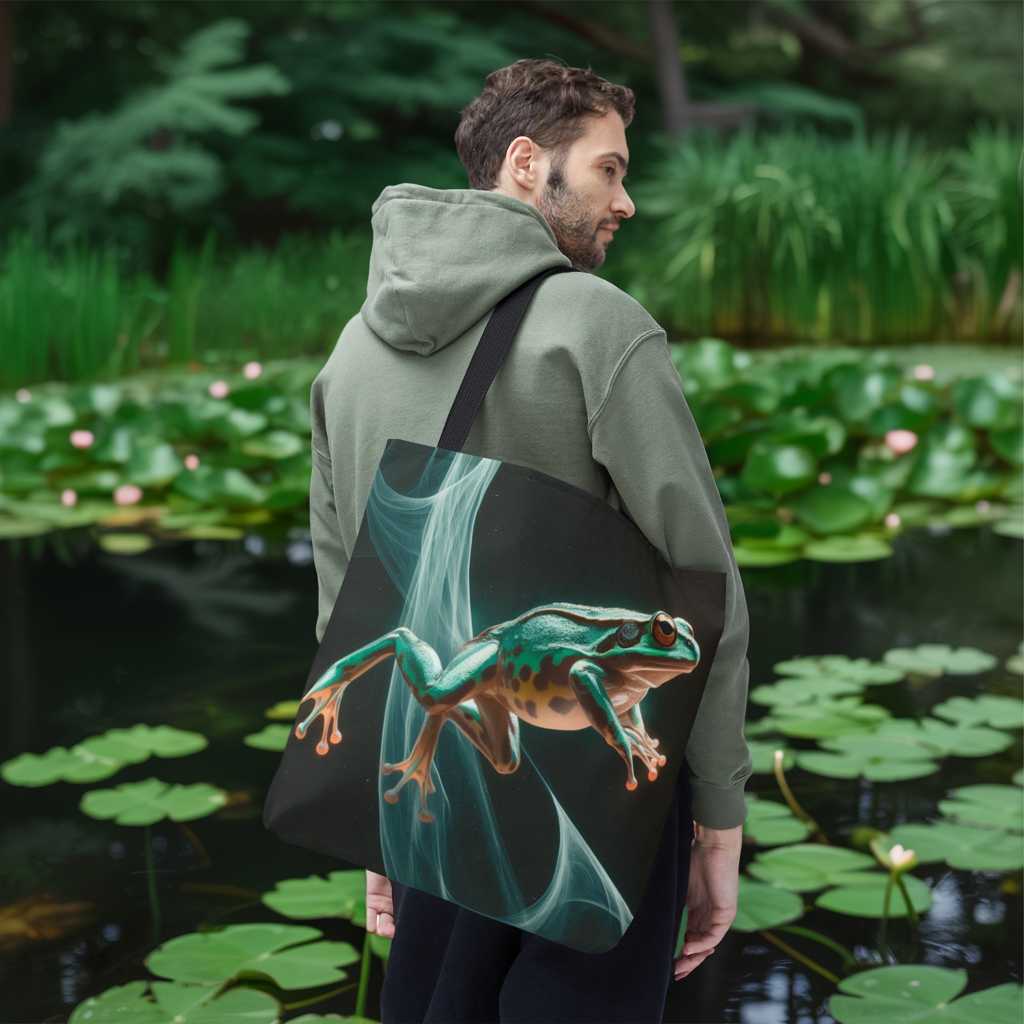 Frog in Motion Tote Bag, Nature-Inspired Green Frog Design Eco-Friendly Shoulder Bag, Artistic Reusable Tote For Everyday Use And Gifts