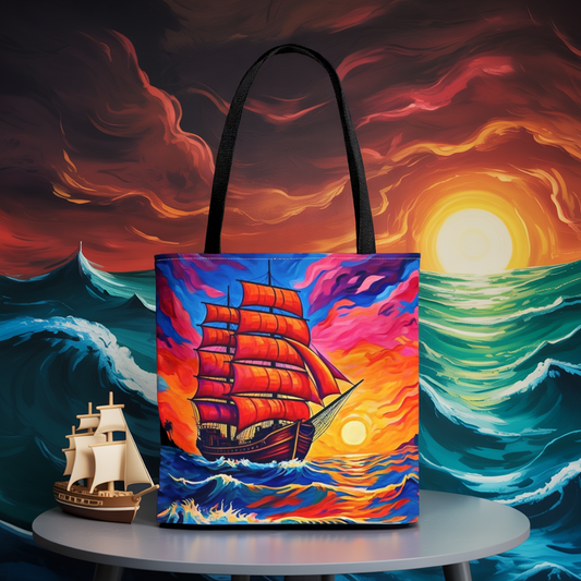 Crimson Voyage Tote Bag, Red Sailboat At Sunset Artistic Ocean Design, Nautical Reusable Tote For Beach, Travel, And Everyday Use