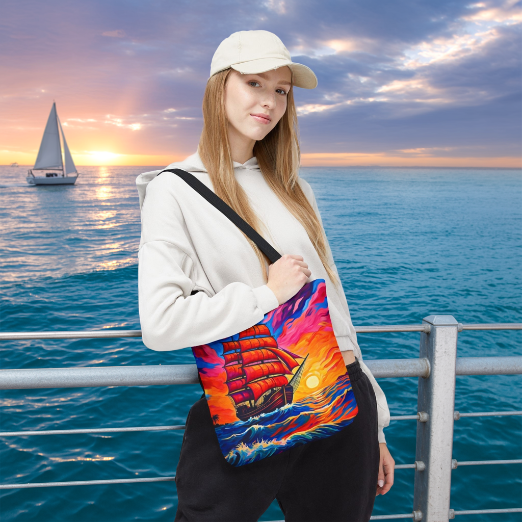 Crimson Voyage Tote Bag, Red Sailboat At Sunset Artistic Ocean Design, Nautical Reusable Tote For Beach, Travel, And Everyday Use