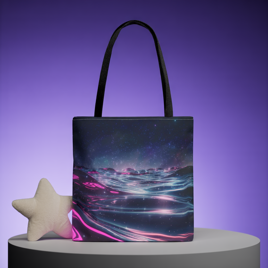 Neon Wave Horizon Tote Bag, Futuristic Ocean Design With Pink And Blue Light, Sci-Fi Aesthetic Reusable Tote For Travel, Gifts, And Everyday Use