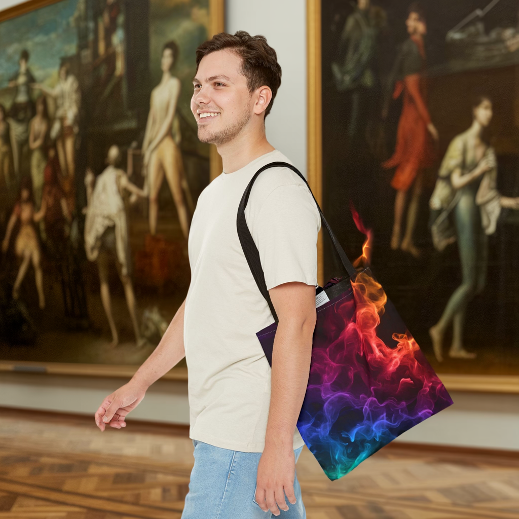Chromatic Ember Tote Bag, Colorful Smoke Art Design With Red, Blue, And Orange Hues, Abstract Reusable Tote For Artists, Gifts, And Everyday Use