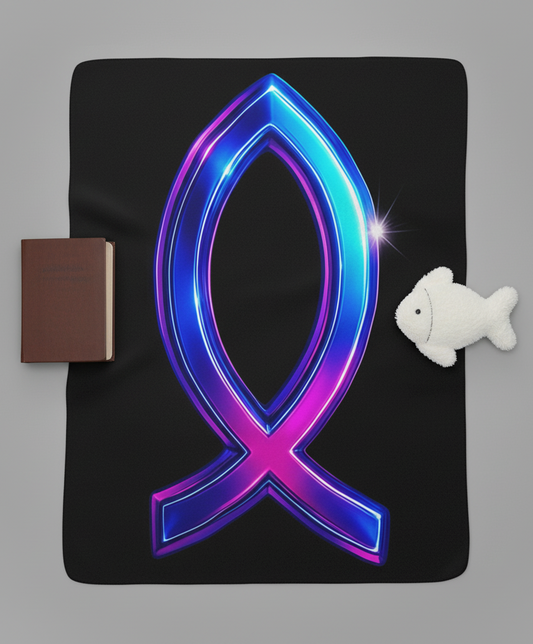 Neon Faith Sherpa Fleece Blanket, Futuristic Blue And Pink Symbol Design, Soft Glow Throw Blanket For Home Decor, Gifts, And Cozy Comfort