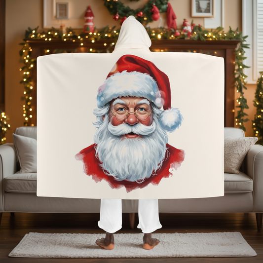 Classic Santa Hooded Sherpa Blanket, Cozy Christmas Fleece Wrap With Santa Design, Warm Holiday Gift For Winter Nights, Festive Comfort Wear