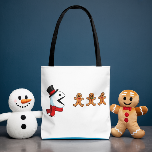 Snowman and Gingerbread Tote Bag, Retro Arcade Game Inspired Holiday Bag, Cute Christmas Gift, Gamer Shopping Bag, Festive Winter Tote