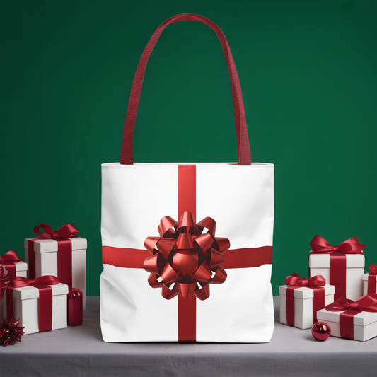 Holiday Gift Bow Tote Bag, Christmas Present Inspired Bag, Festive Red Ribbon Tote, Cute Holiday Shopper, Reusable Gift Bag Alternative