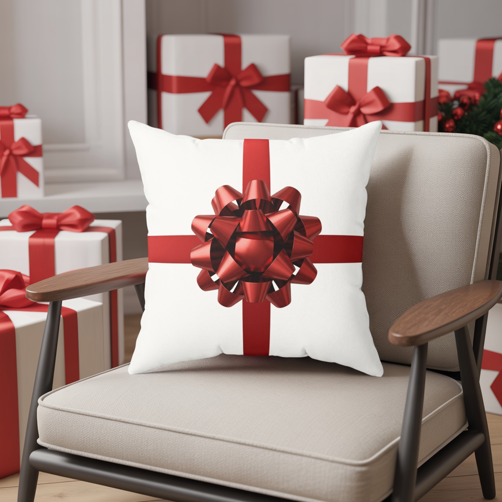 Holiday Gift Bow Throw Pillow, Christmas Present Inspired Cushion, Festive Red Ribbon Pillow, Holiday Home Decor, Winter Sofa Accent