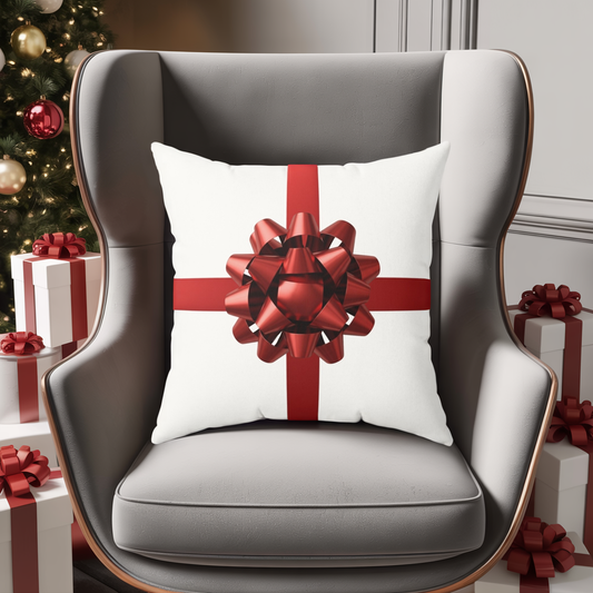 Holiday Gift Bow Throw Pillow, Christmas Present Inspired Cushion, Festive Red Ribbon Pillow, Holiday Home Decor, Winter Sofa Accent