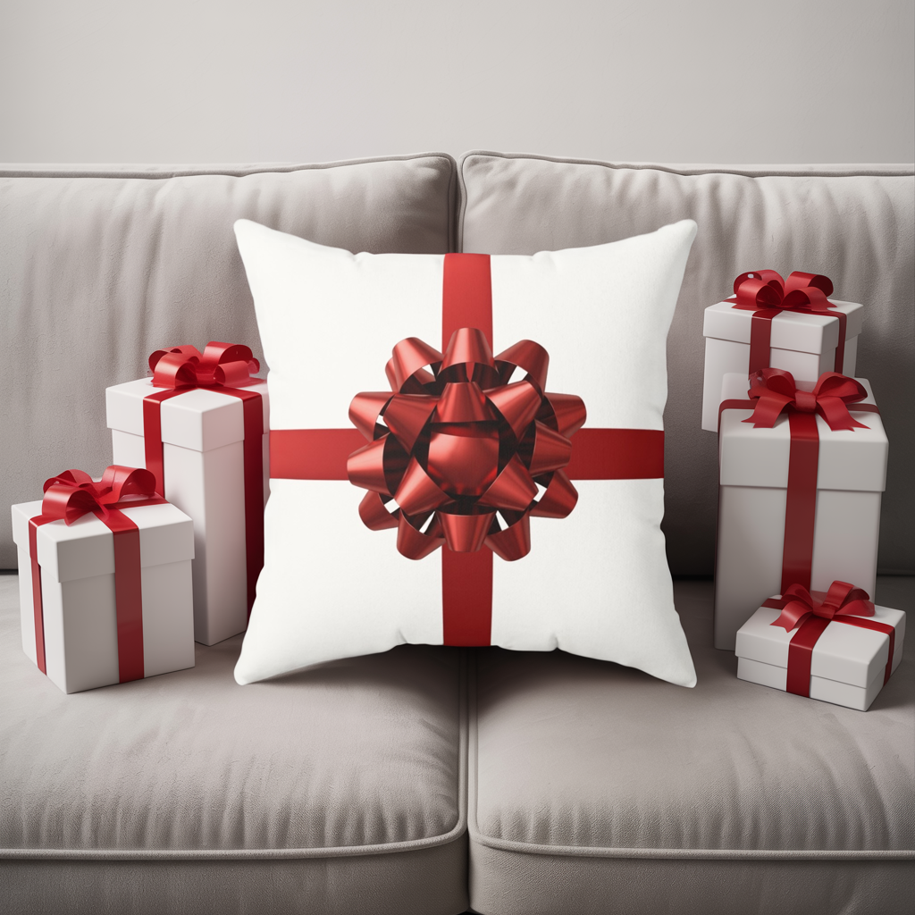 Holiday Gift Bow Throw Pillow, Christmas Present Inspired Cushion, Festive Red Ribbon Pillow, Holiday Home Decor, Winter Sofa Accent