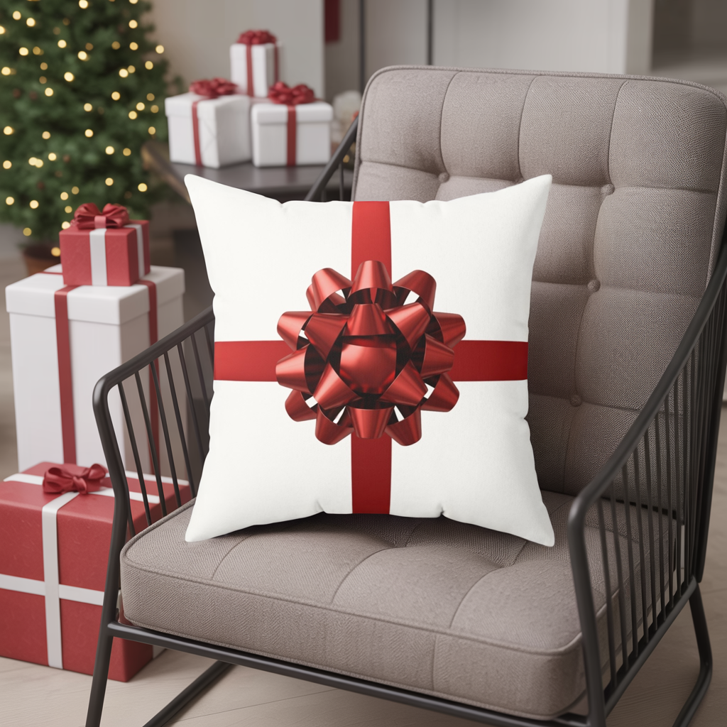 Holiday Gift Bow Throw Pillow, Christmas Present Inspired Cushion, Festive Red Ribbon Pillow, Holiday Home Decor, Winter Sofa Accent