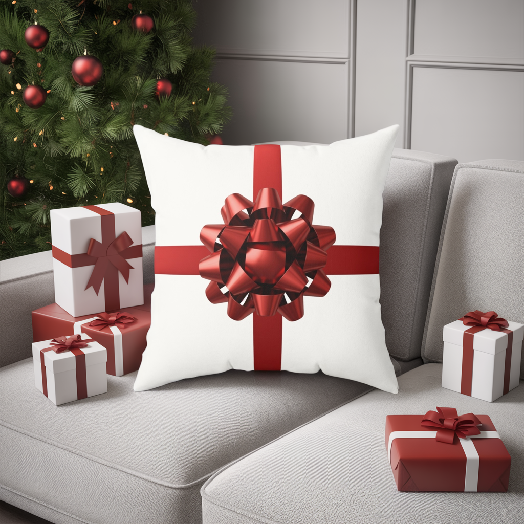 Holiday Gift Bow Throw Pillow, Christmas Present Inspired Cushion, Festive Red Ribbon Pillow, Holiday Home Decor, Winter Sofa Accent