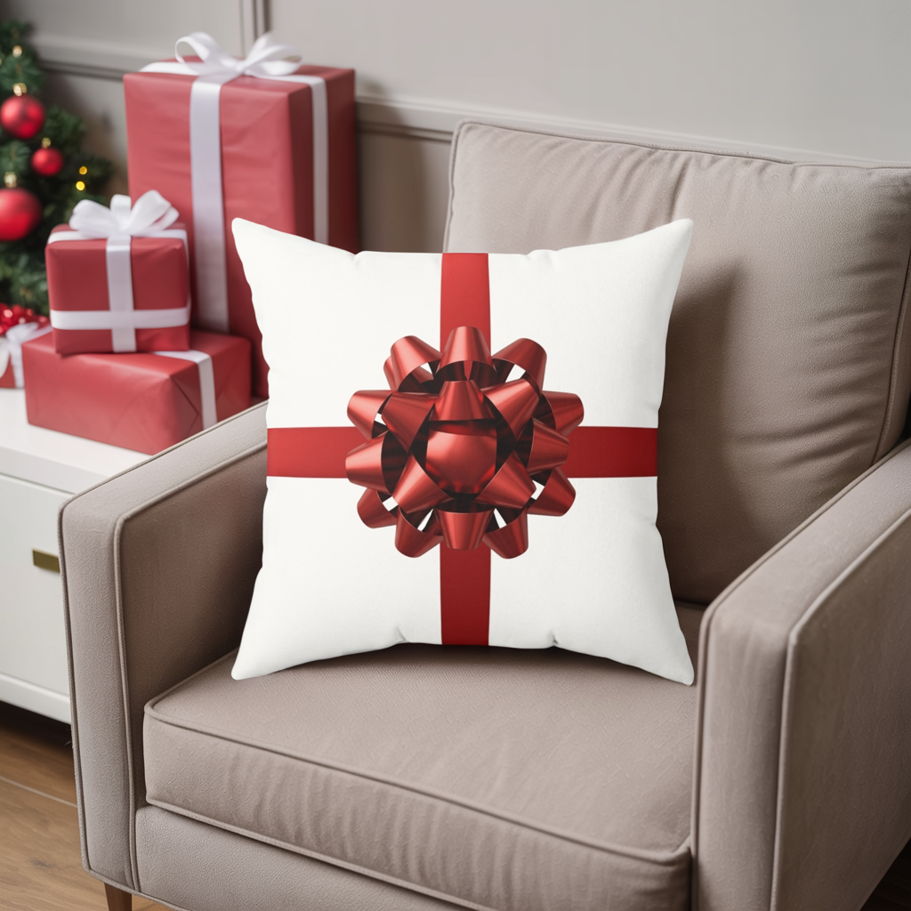 Holiday Gift Bow Throw Pillow, Christmas Present Inspired Cushion, Festive Red Ribbon Pillow, Holiday Home Decor, Winter Sofa Accent
