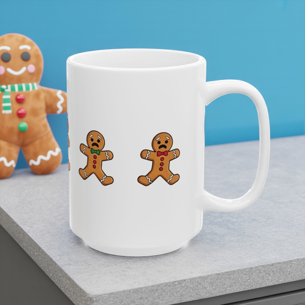 Funny Christmas Mug, Snowman and Gingerbread Mug, Holiday Coffee Cup Gift, Cute Winter Hot Cocoa Mug, Playful Festive Arcade Design
