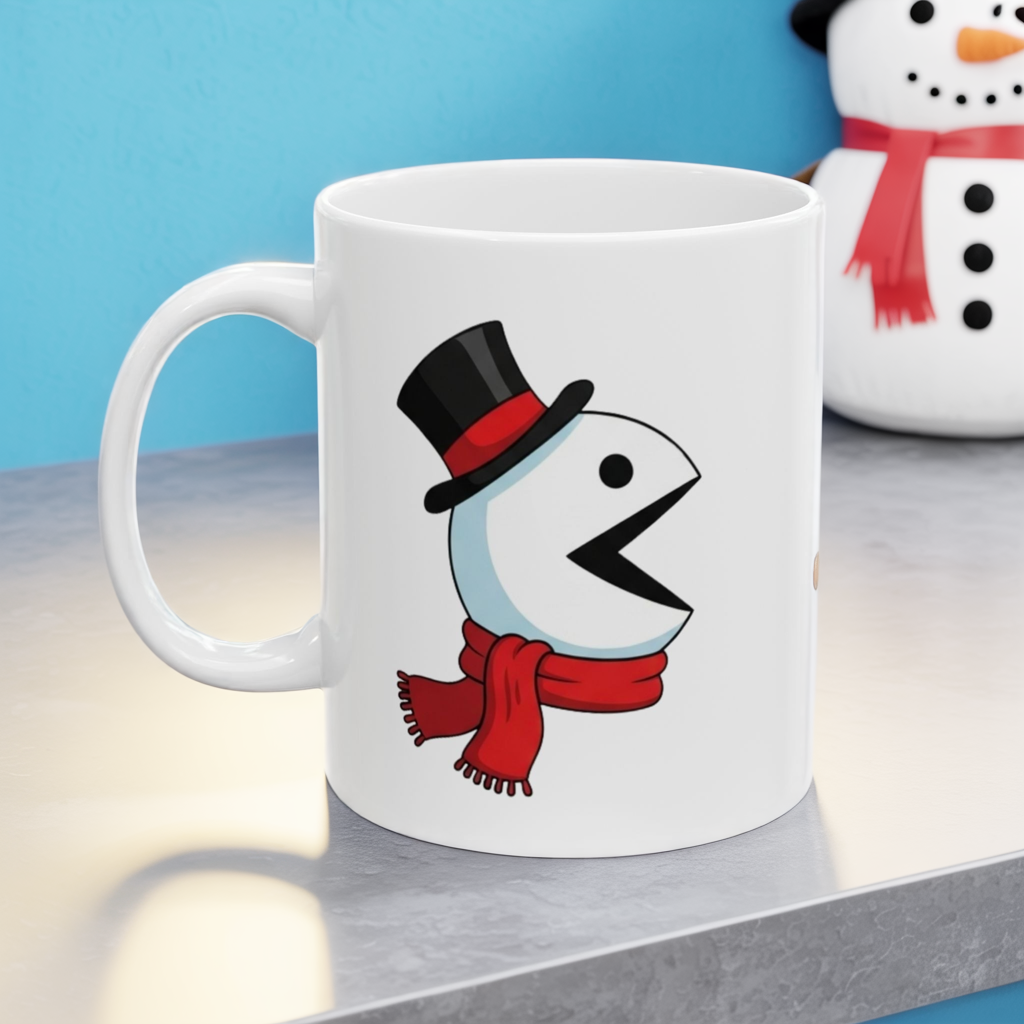 Funny Christmas Mug, Snowman and Gingerbread Mug, Holiday Coffee Cup Gift, Cute Winter Hot Cocoa Mug, Playful Festive Arcade Design