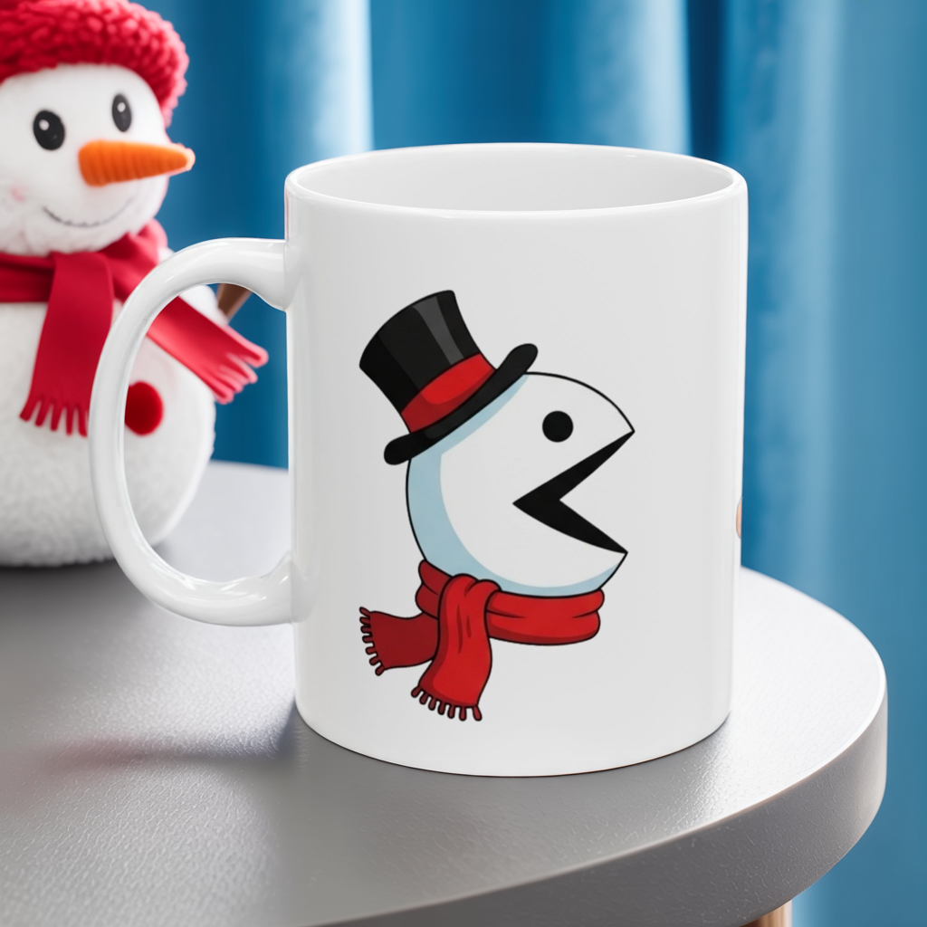 Funny Christmas Mug, Snowman and Gingerbread Mug, Holiday Coffee Cup Gift, Cute Winter Hot Cocoa Mug, Playful Festive Arcade Design