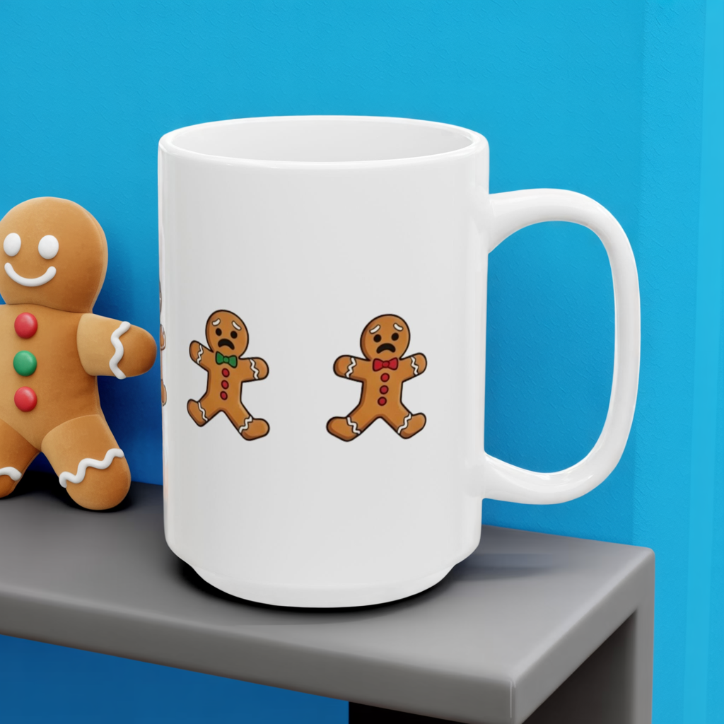 Funny Christmas Mug, Snowman and Gingerbread Mug, Holiday Coffee Cup Gift, Cute Winter Hot Cocoa Mug, Playful Festive Arcade Design