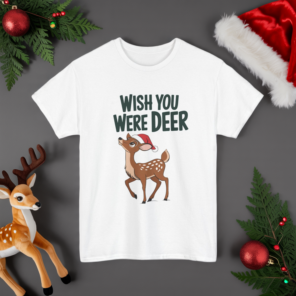 Wish You Were Deer Funny Christmas T-Shirt, Cute Reindeer Holiday Tee, Pun Christmas Shirt, Festive Santa Hat Deer Graphic Tee Gift
