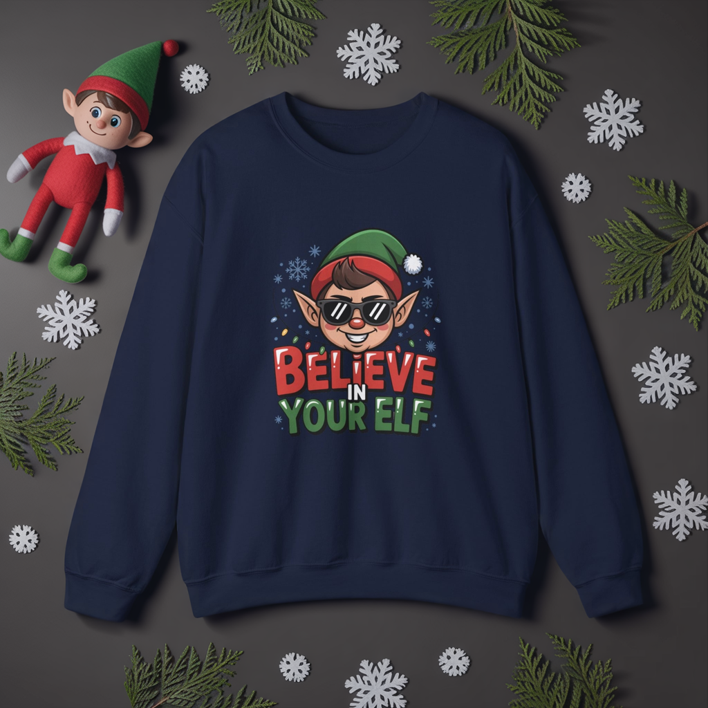 Believe In Your Elf Christmas Sweatshirt, Funny Elf Holiday Sweater, Unisex Christmas Crewneck, Festive Gift For Friends And Family