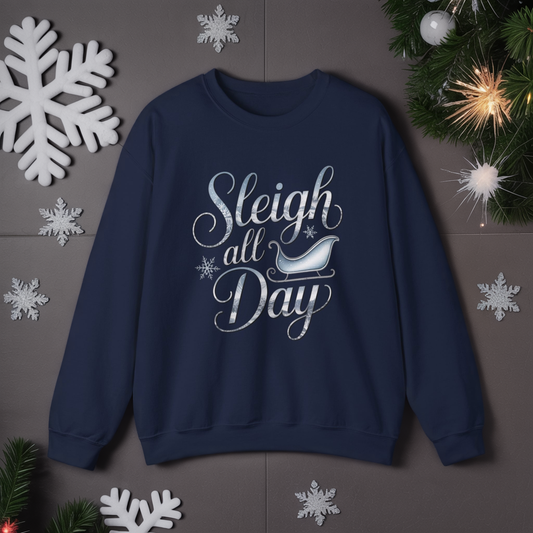 Sleigh All Day Christmas Sweatshirt, Funny Holiday Sweater, Cozy Unisex Crewneck, Cute Festive Winter Gift For Friends And Family