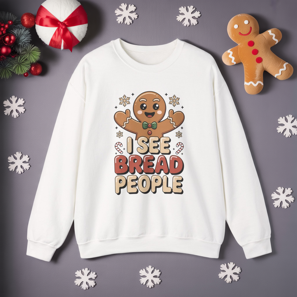 I See Bread People Christmas Sweatshirt, Funny Gingerbread Holiday Sweater, Unisex Crewneck, Cute Christmas Gift For Friends And Family