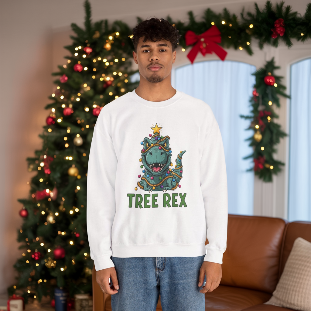 Tree Rex Christmas Sweatshirt, Funny Dinosaur Holiday Sweater, Cute T-Rex Christmas Crewneck, Festive Unisex Gift For Friends And Family