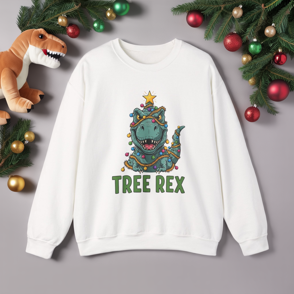 Tree Rex Christmas Sweatshirt, Funny Dinosaur Holiday Sweater, Cute T-Rex Christmas Crewneck, Festive Unisex Gift For Friends And Family