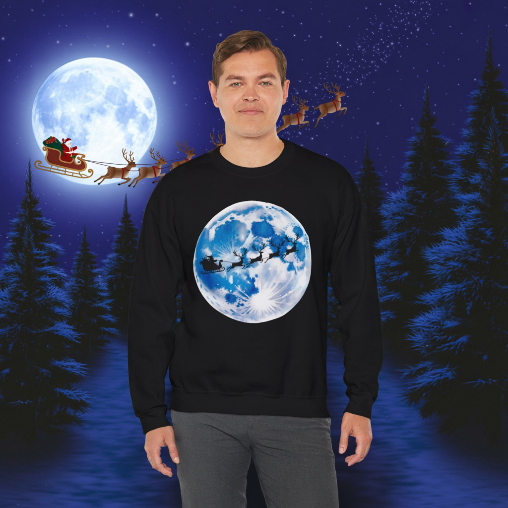 Santa And Reindeer Full Moon Christmas Sweatshirt, Holiday Night Sky Sweater, Cozy Unisex Crewneck, Festive Gift For Christmas Lovers