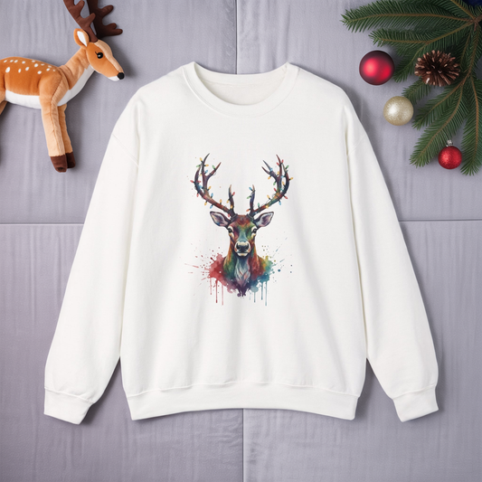 Colorful Reindeer Christmas Sweatshirt, Holiday Deer Lights Sweater, Watercolor Winter Crewneck, Festive Cozy Gift For Him Or Her