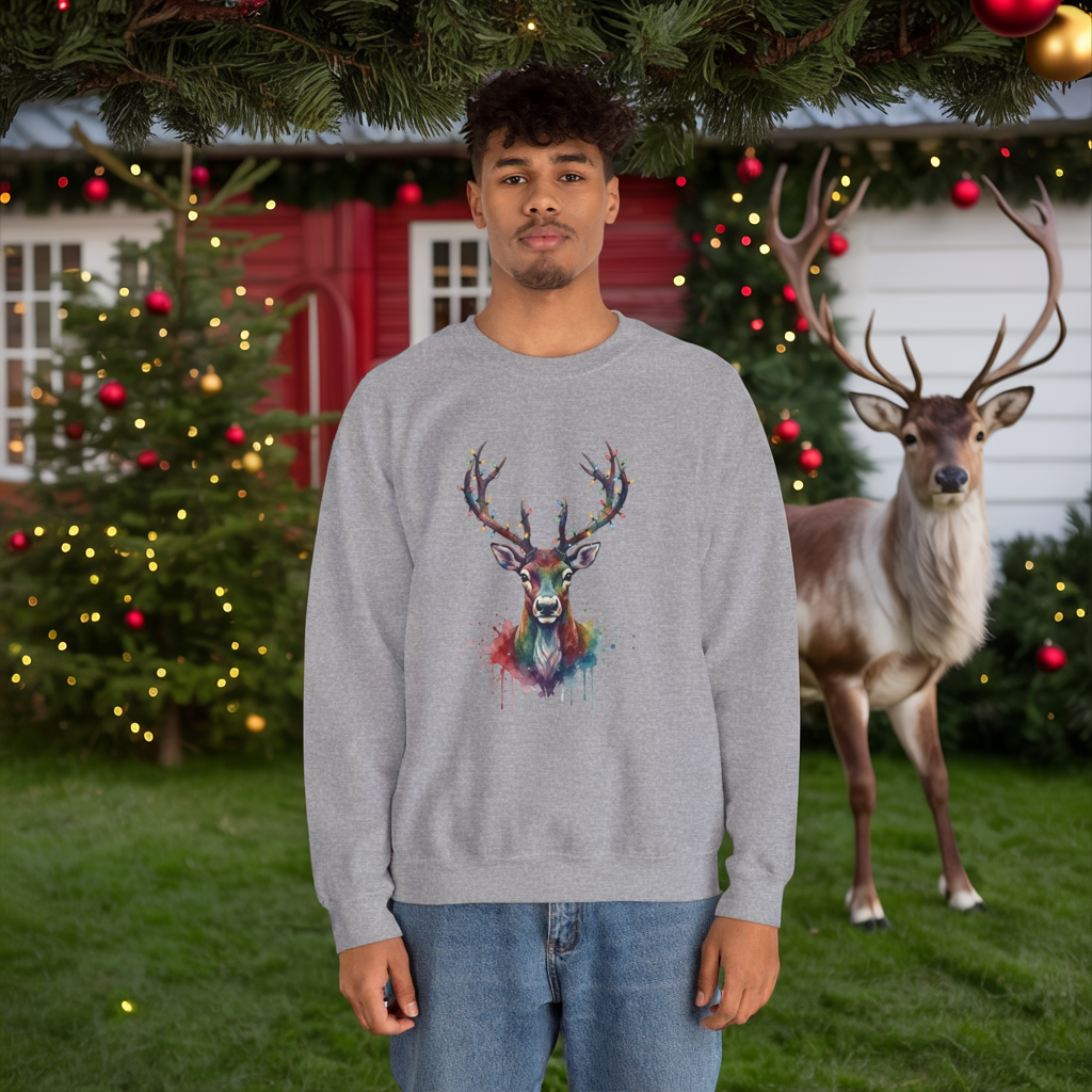 Colorful Reindeer Christmas Sweatshirt, Holiday Deer Lights Sweater, Watercolor Winter Crewneck, Festive Cozy Gift For Him Or Her