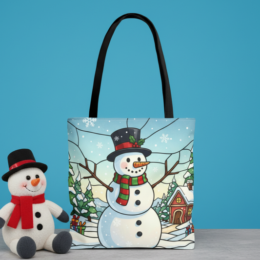 Stained Glass Snowman Christmas Tote Bag, Holiday Art Tote, Festive Winter Gift Bag, Colorful Christmas Scene Reusable Shopping Bag