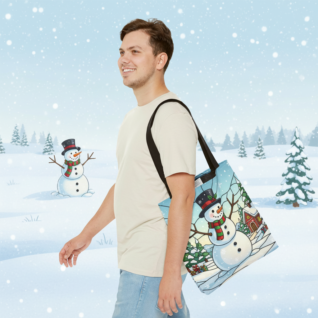Stained Glass Snowman Christmas Tote Bag, Holiday Art Tote, Festive Winter Gift Bag, Colorful Christmas Scene Reusable Shopping Bag