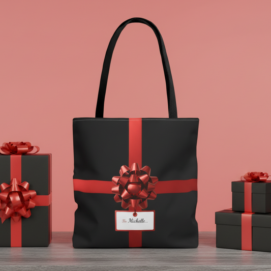 Custom Name Christmas Gift Tote Bag, Personalized Present Design Bag, Holiday Red Bow Tote, Festive Reusable Gift Bag For Her Or Him