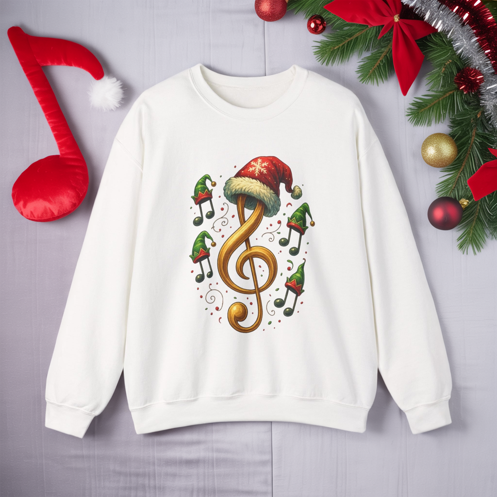 Christmas Music Note Sweatshirt, Holiday Treble Clef Sweater With Santa Hat, Festive Music Lover Gift, Cozy Winter Crewneck Unisex Top