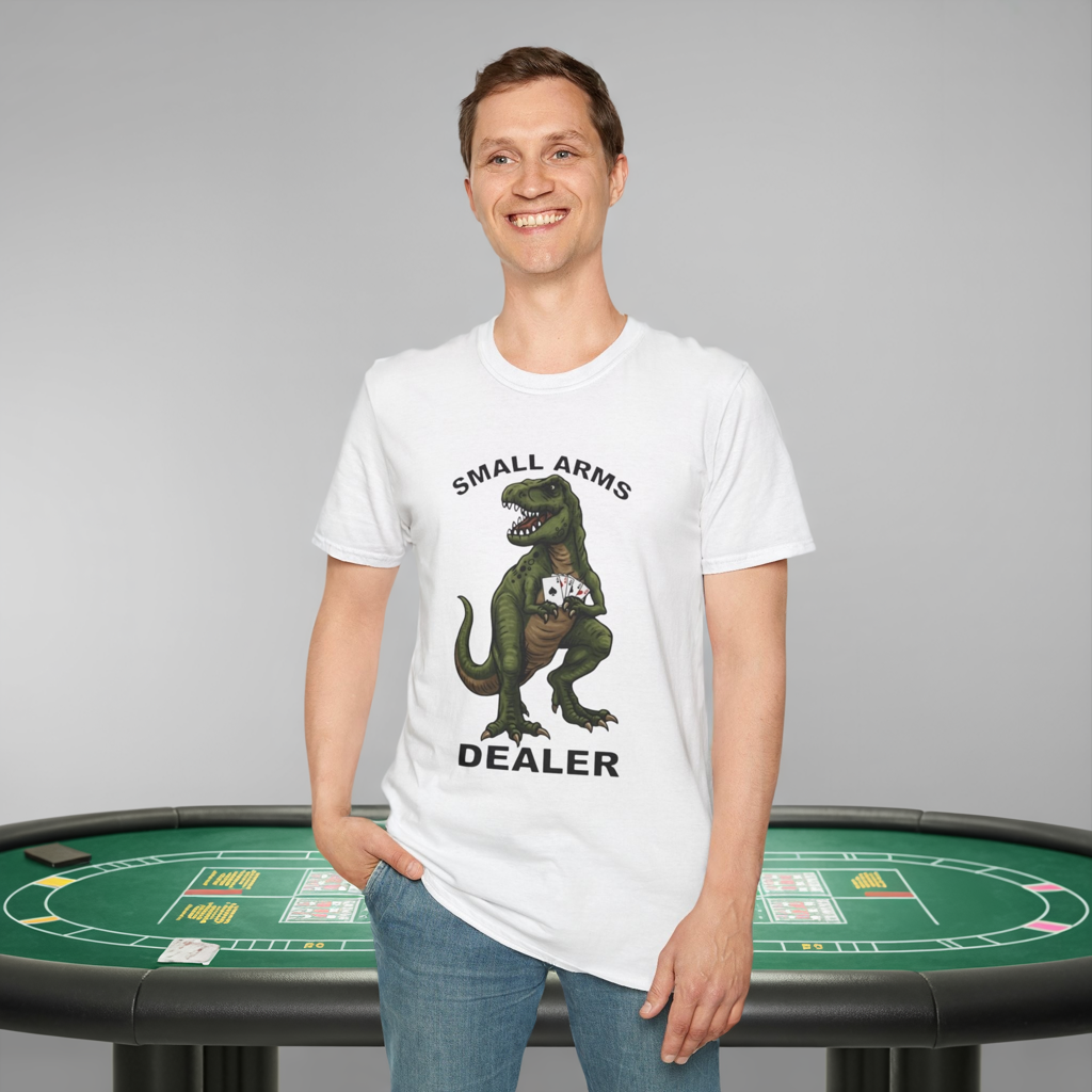 Funny Small Arms Dealer T-Rex Shirt, Dinosaur Pun Tee, Hilarious Graphic T-Shirt for Men & Women, Great Gift for Dad, Friend, or Coworker