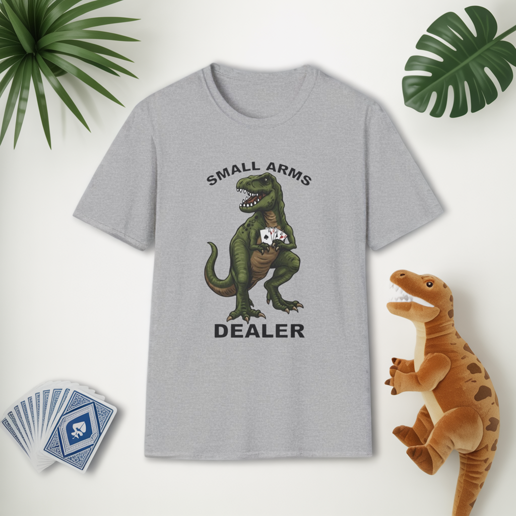 Funny Small Arms Dealer T-Rex Shirt, Dinosaur Pun Tee, Hilarious Graphic T-Shirt for Men & Women, Great Gift for Dad, Friend, or Coworker